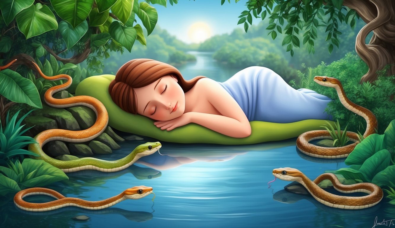 A serene figure sleeping soundly, surrounded by lush greenery and a calm, flowing river, while colorful snakes slither peacefully around them