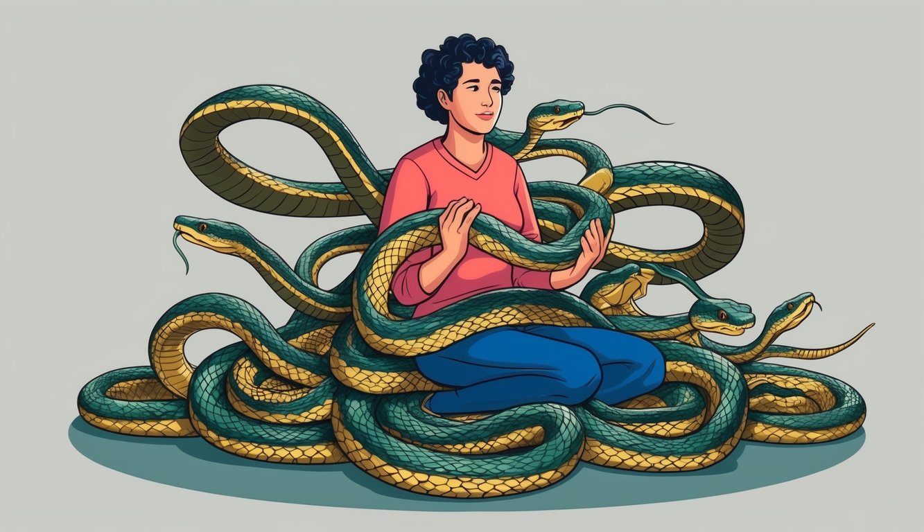 A person surrounded by snakes, each one representing a different aspect of their life.</p><p>The snakes intertwine, creating a complex web of symbolism