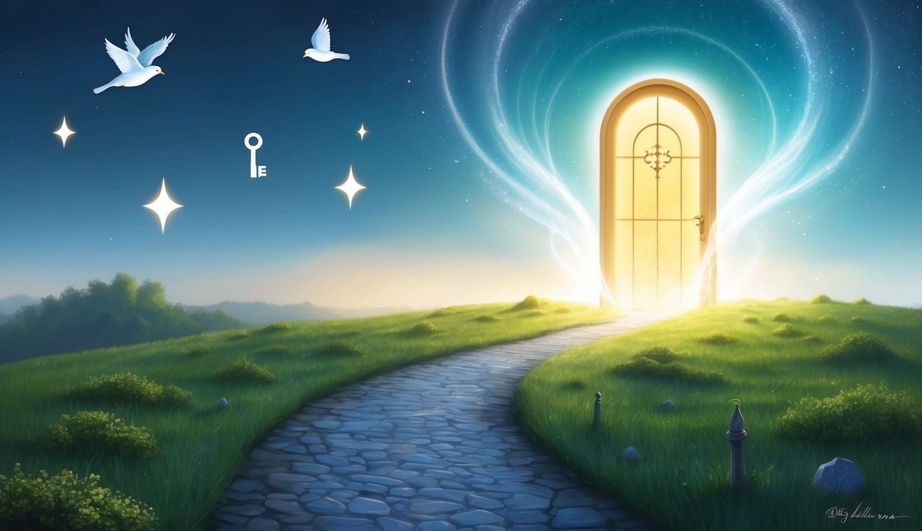 A serene landscape with a winding path leading to a glowing, ethereal door, surrounded by floating symbols of keys, stars, and birds