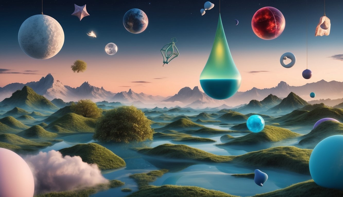 A surreal landscape with floating objects and symbols representing common dream themes