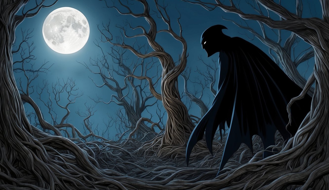 A dark figure looms over a tangled forest of twisted trees, casting long, eerie shadows under a full moon