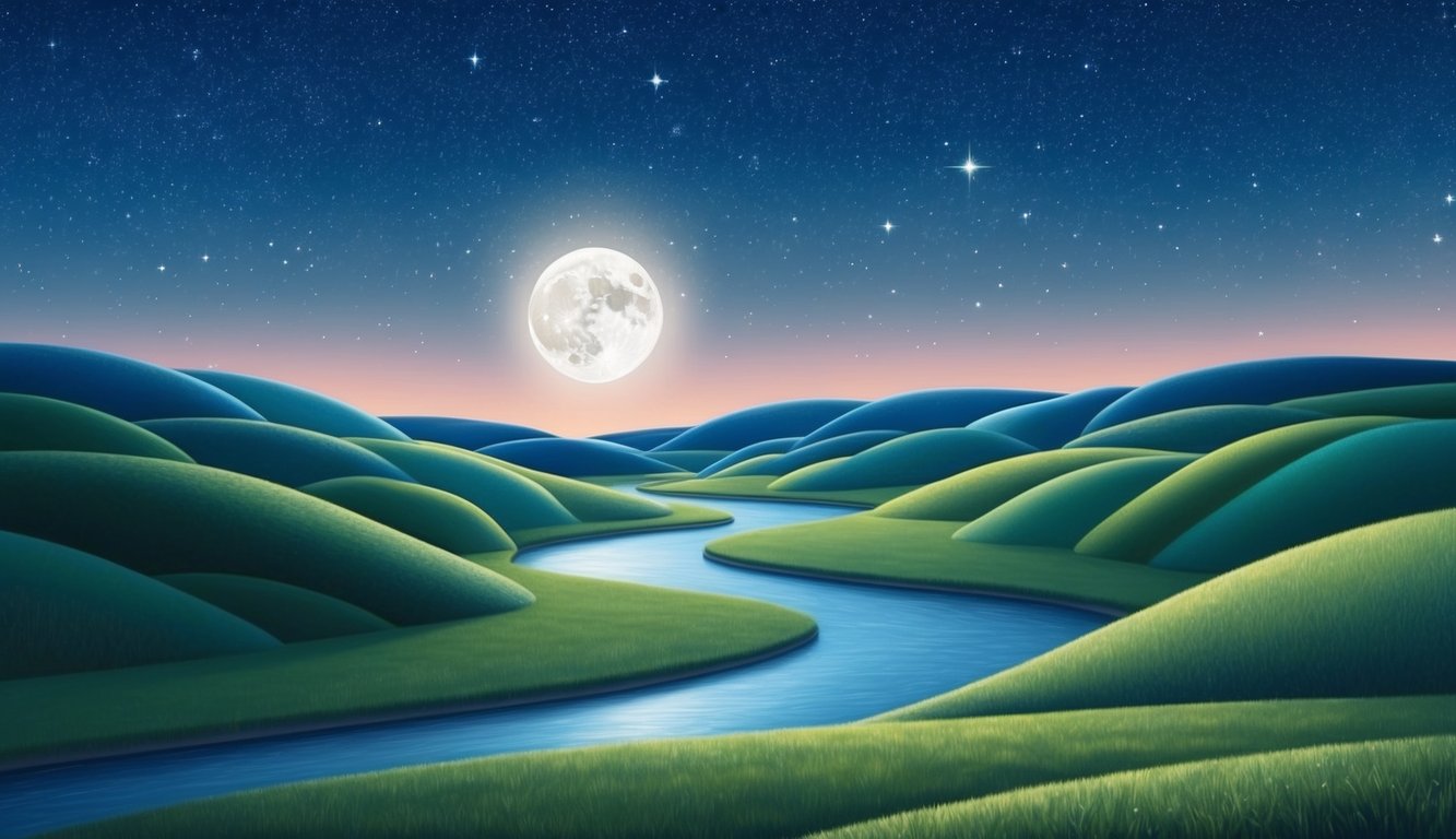 A serene, starry night sky with a moon casting a soft glow over a tranquil landscape of rolling hills and a winding river