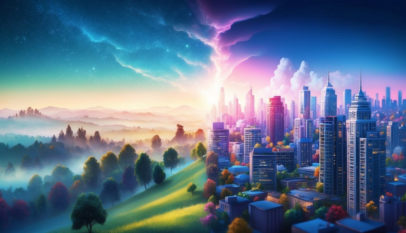 A dreamy landscape with a blurred transition into a vibrant, bustling cityscape, symbolizing the connection between dreams and waking life