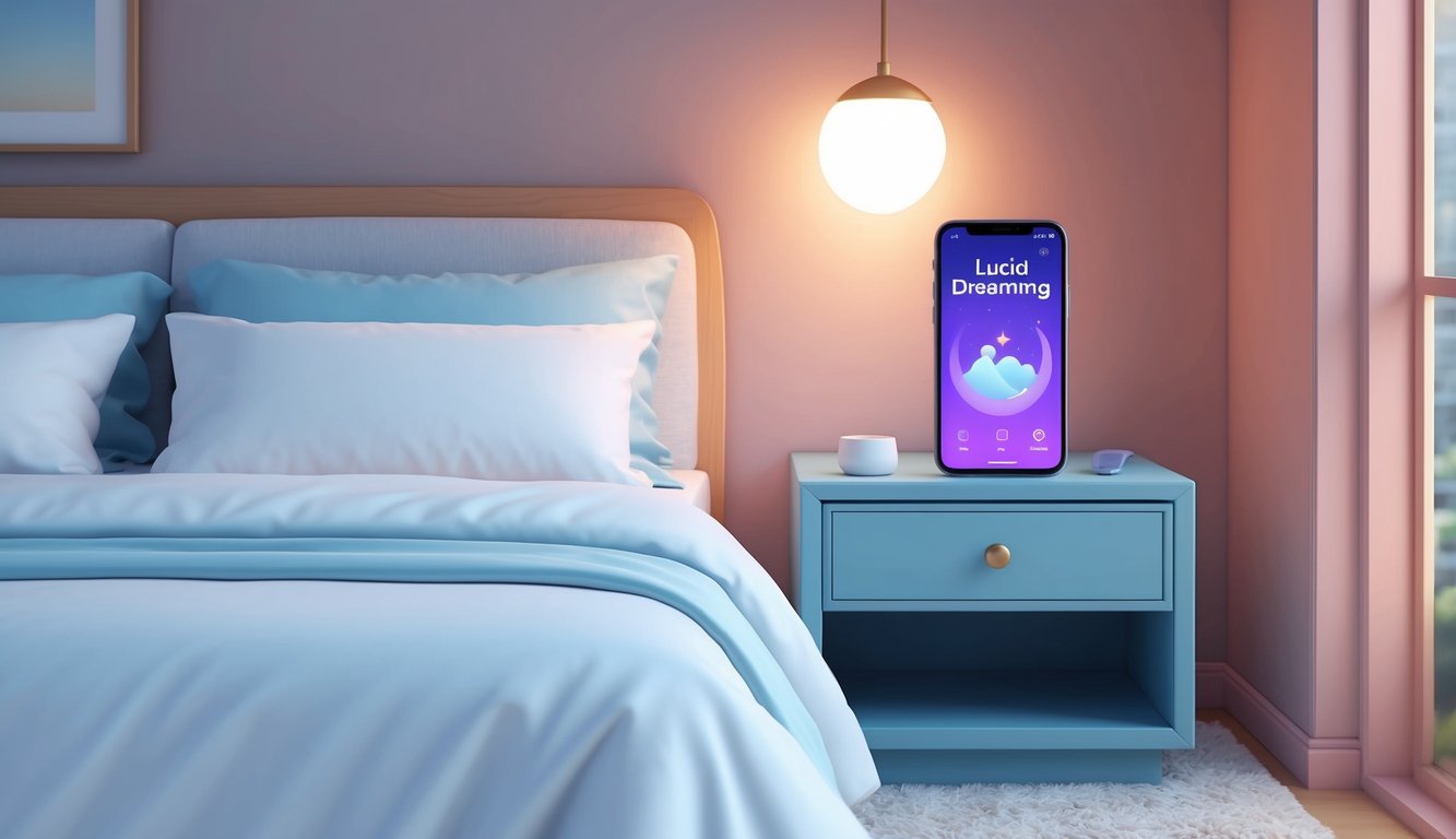 A serene bedroom with a cozy bed, soft lighting, and a nightstand holding a smartphone displaying a lucid dreaming app