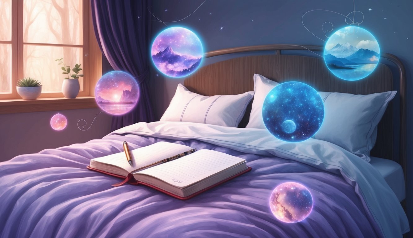 A cozy bed with a pen and journal, surrounded by dreamy, ethereal imagery