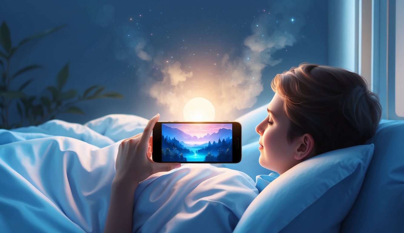 A person lying in bed with a smartphone displaying a glowing, dreamy landscape on the screen, surrounded by a serene and tranquil atmosphere