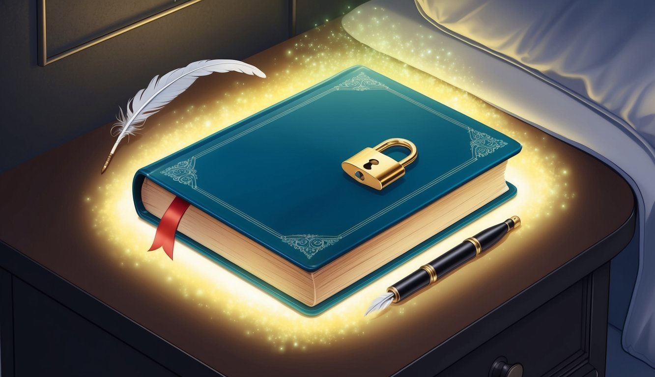 A closed book with a lock sits on a nightstand, surrounded by a glowing, ethereal light.</p><p>A pen and a feather quill rest beside it