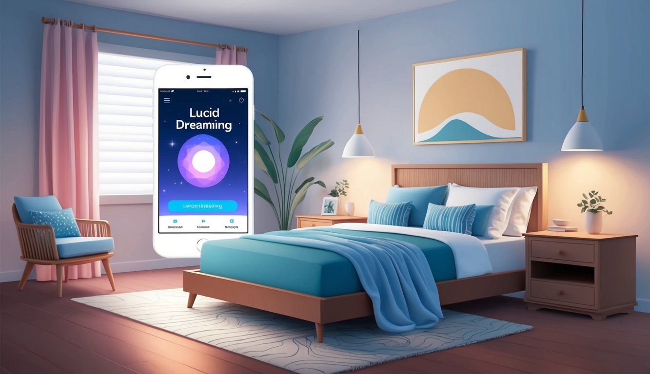 A serene bedroom with a smartphone displaying a lucid dreaming app, soft lighting, and a comfortable bed with sleep optimization tools