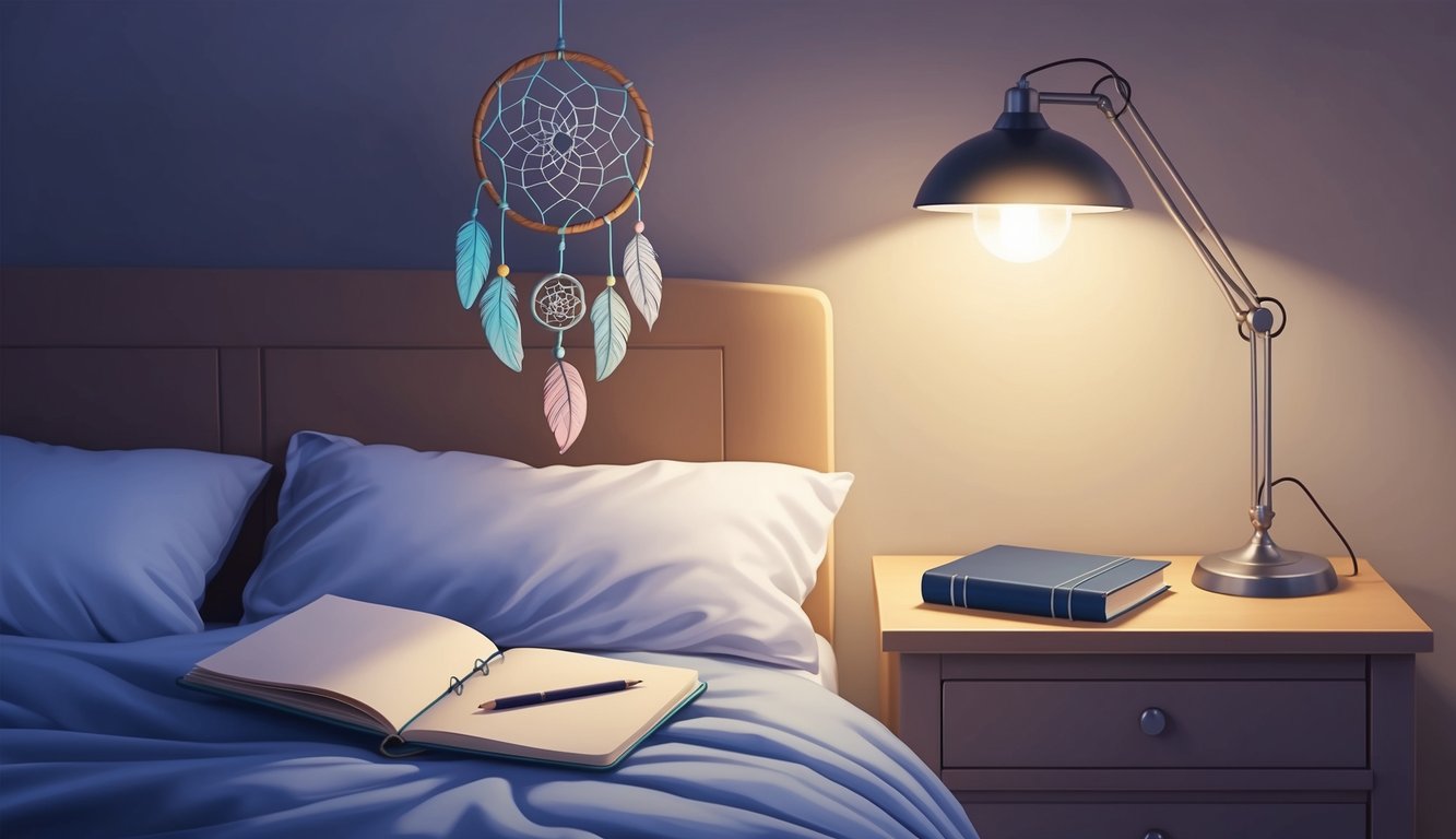 A cozy bedroom with a journal, pen, and a nightstand with a dreamcatcher hanging above.</p><p>A soft glow from a bedside lamp illuminates the scene