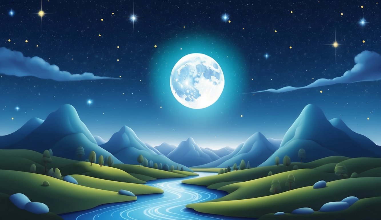 A serene night sky with a glowing moon and stars, surrounded by a tranquil landscape of mountains and flowing water