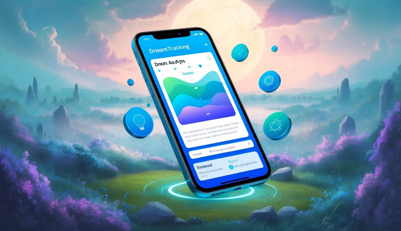 A smartphone displaying a dream tracking app with a detailed dream analysis feature, surrounded by floating dream symbols and a serene, otherworldly landscape