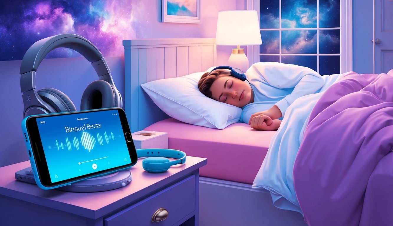 A serene bedroom with headphones on a nightstand, a smartphone displaying a binaural beats app, and a peaceful sleeper surrounded by dreamy imagery