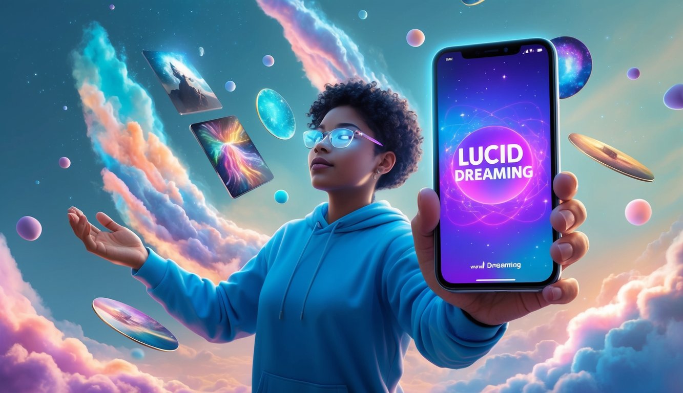 A person surrounded by floating dream-like imagery and colorful patterns, with a glowing smartphone displaying a lucid dreaming app