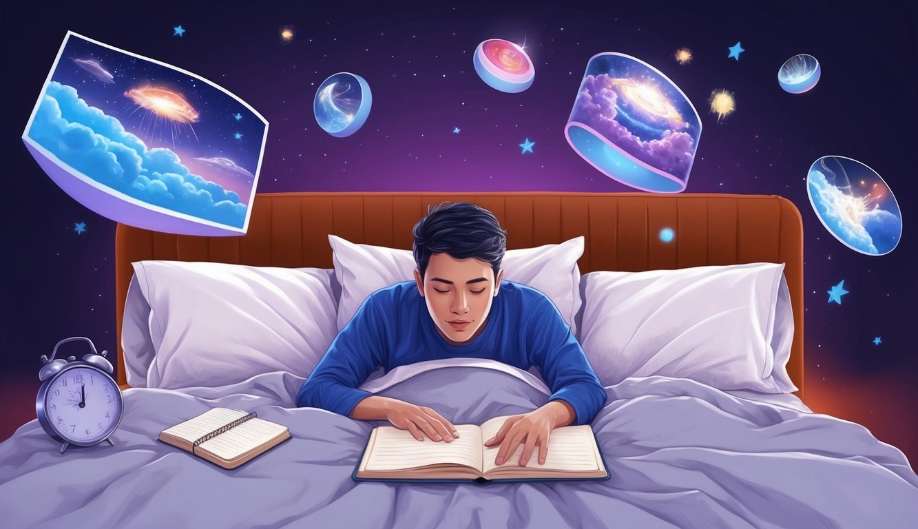 A person lying in bed, surrounded by floating dream imagery and a journal, capturing the essence of lucid dreaming