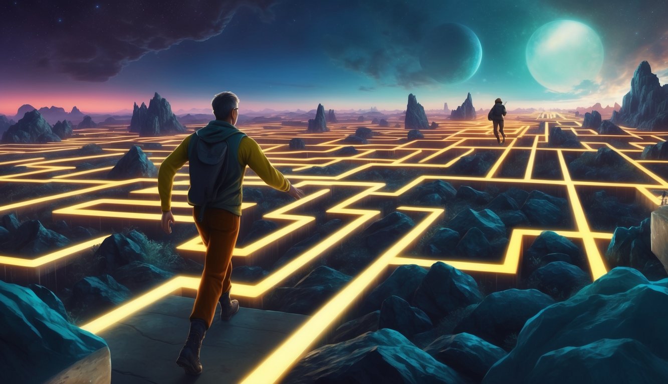 A figure traversing a maze of glowing pathways in a surreal dreamscape, encountering obstacles and opportunities