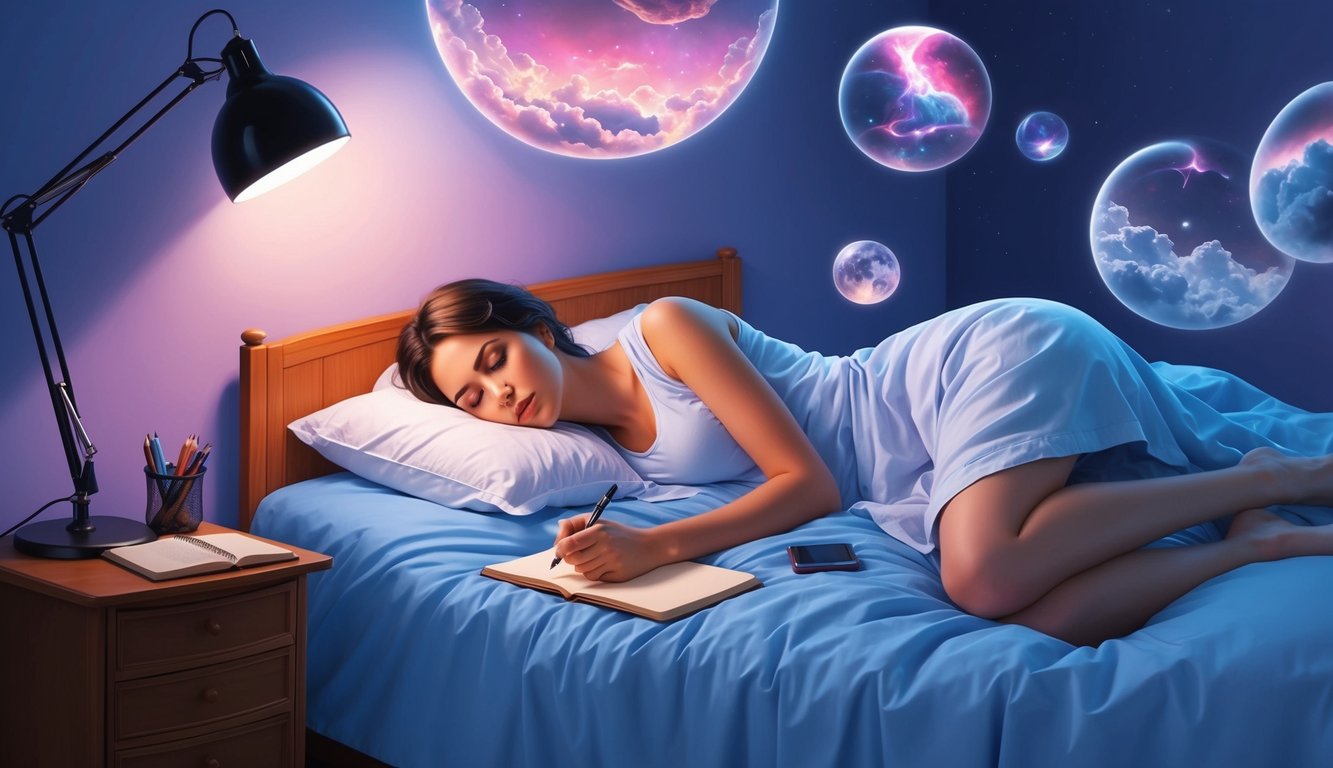 A person lying in bed with a journal and pen beside them, surrounded by floating, surreal dream imagery