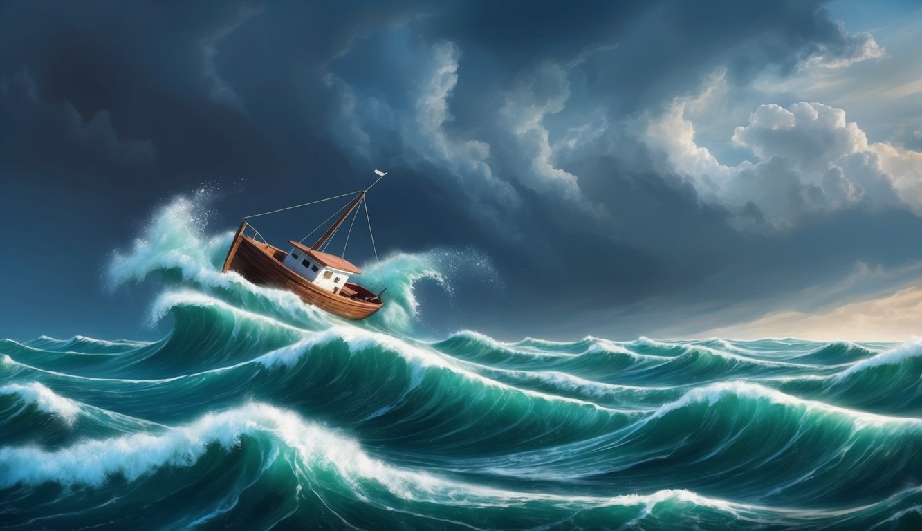 A stormy sea with a lone boat struggling against the waves, symbolizing emotional turmoil and stress-related recurring dreams