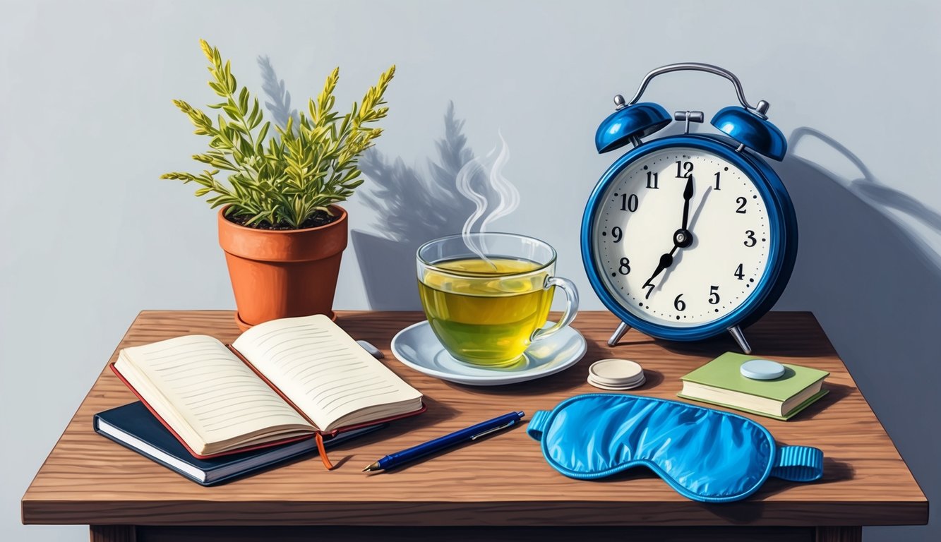 A cluttered bedside table with a journal, a cup of herbal tea, and a sleep mask.</p><p>A clock on the wall shows the time at 3 am