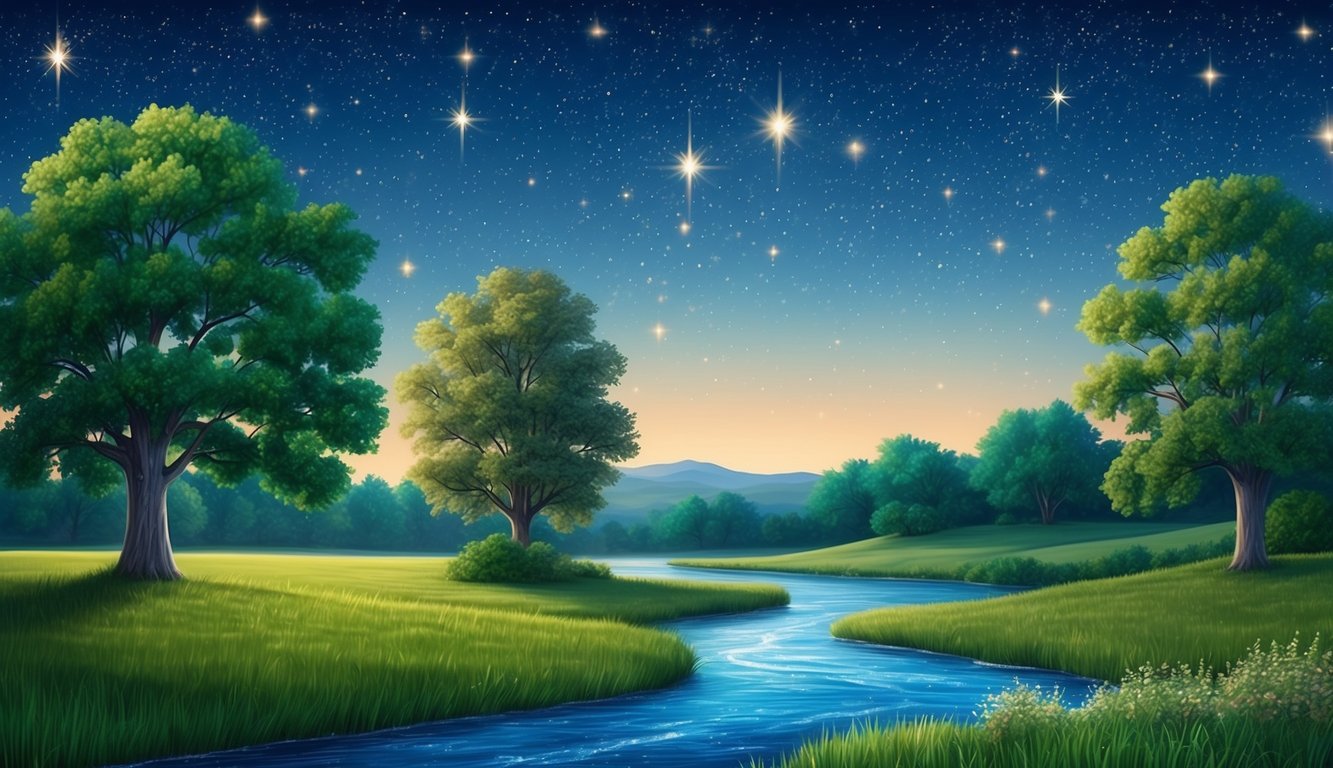 A serene, starlit night with a peaceful landscape.</p><p>A flowing river, lush trees, and a clear sky with twinkling stars