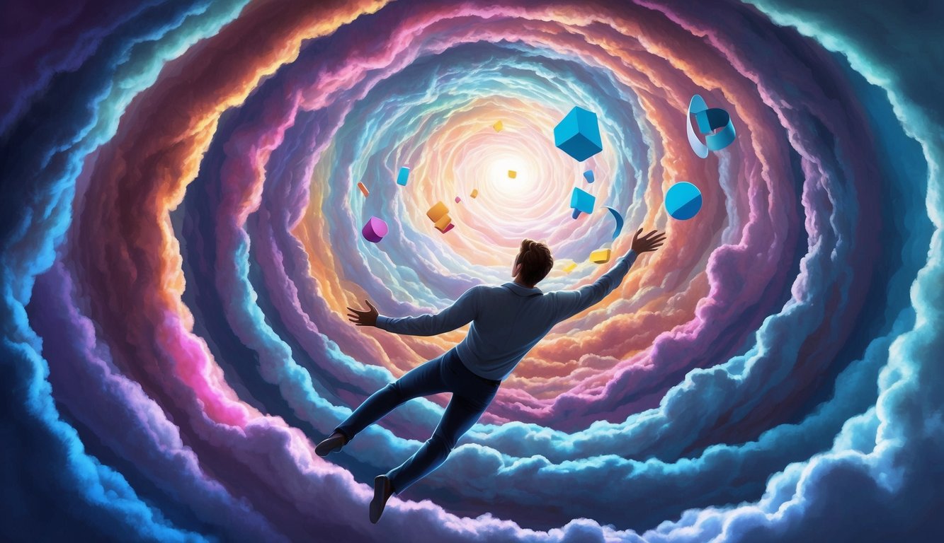 A figure floating above a swirling vortex of colorful dreams, reaching out to manipulate the shapes and forms within the dream world