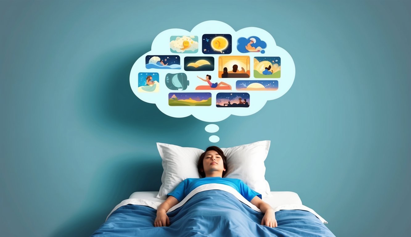 A person lying in bed with a thought bubble containing various dream symbols and scenes above their head