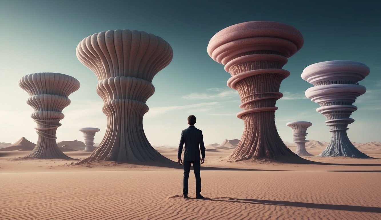 A figure standing in a vast, empty desert, surrounded by towering, distorted versions of their recurring dreams