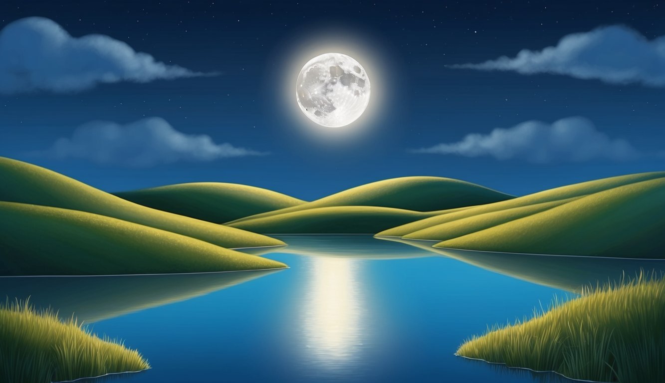 A serene night sky with a full moon casting a soft glow over a tranquil landscape of rolling hills and a calm, reflective body of water