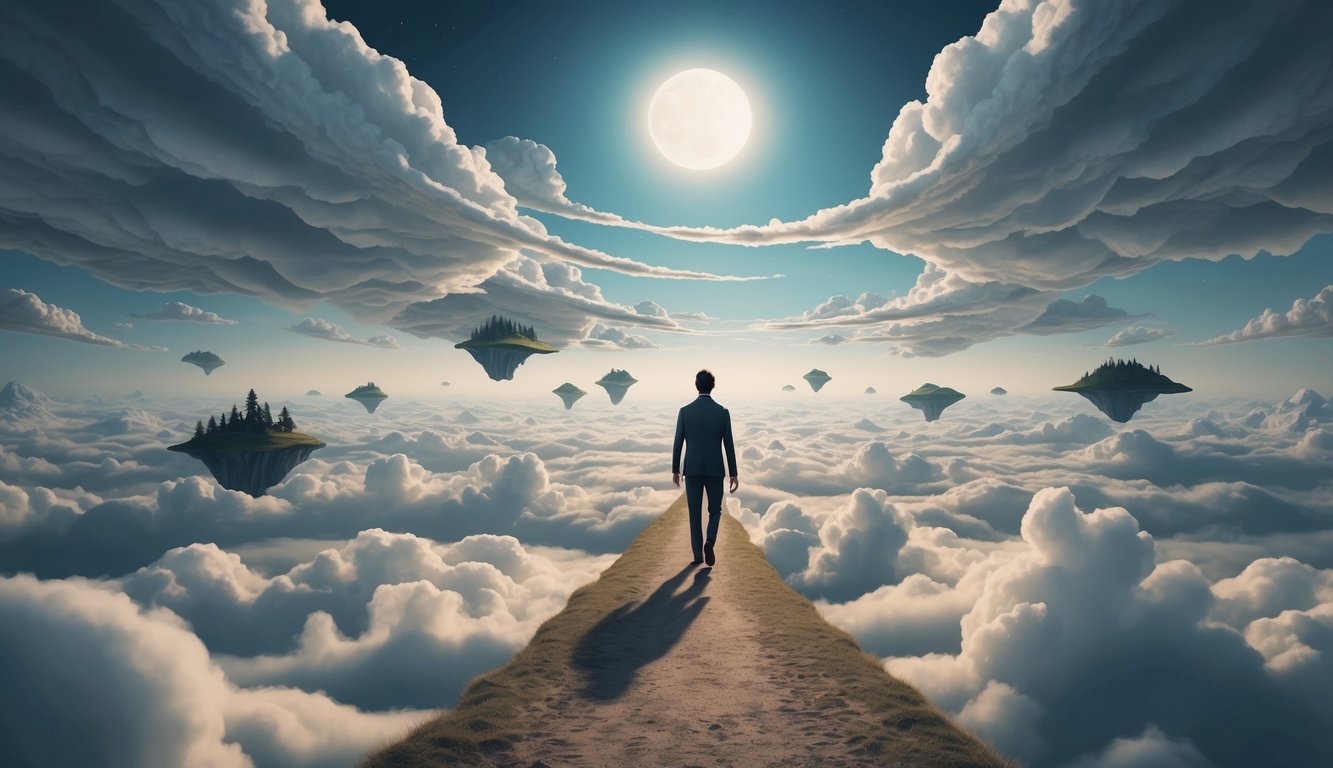 A lone figure walks through a surreal landscape of swirling clouds and floating islands, symbolizing the journey of moving beyond recurring dreams