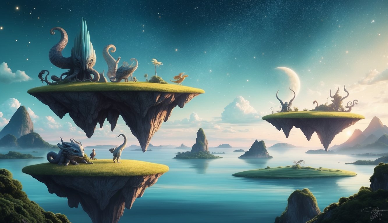 A serene landscape with floating islands and surreal creatures, surrounded by a shimmering sky and glowing stars