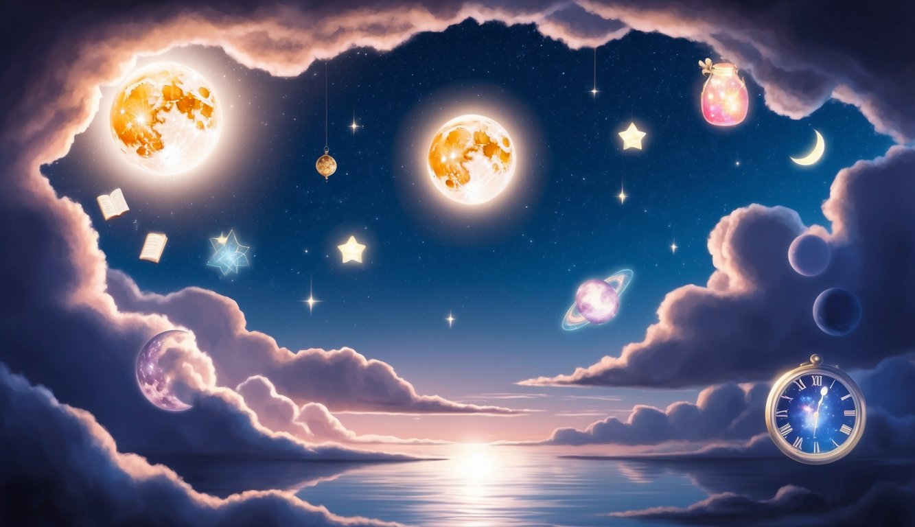 A serene night sky with a glowing moon and stars, surrounded by floating dream symbols and imagery