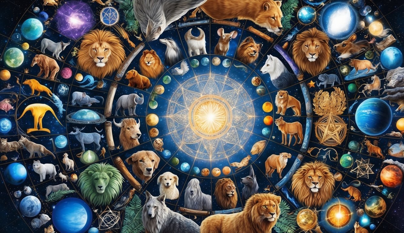 A collection of diverse symbols, from animals to celestial bodies, arranged in a circular pattern, emanating a sense of mystery and wonder