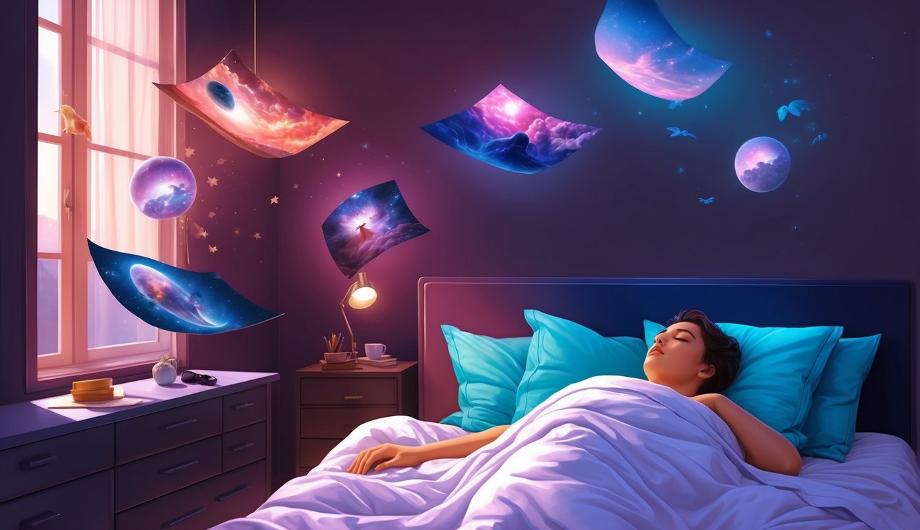 A person lying in bed surrounded by floating dream imagery