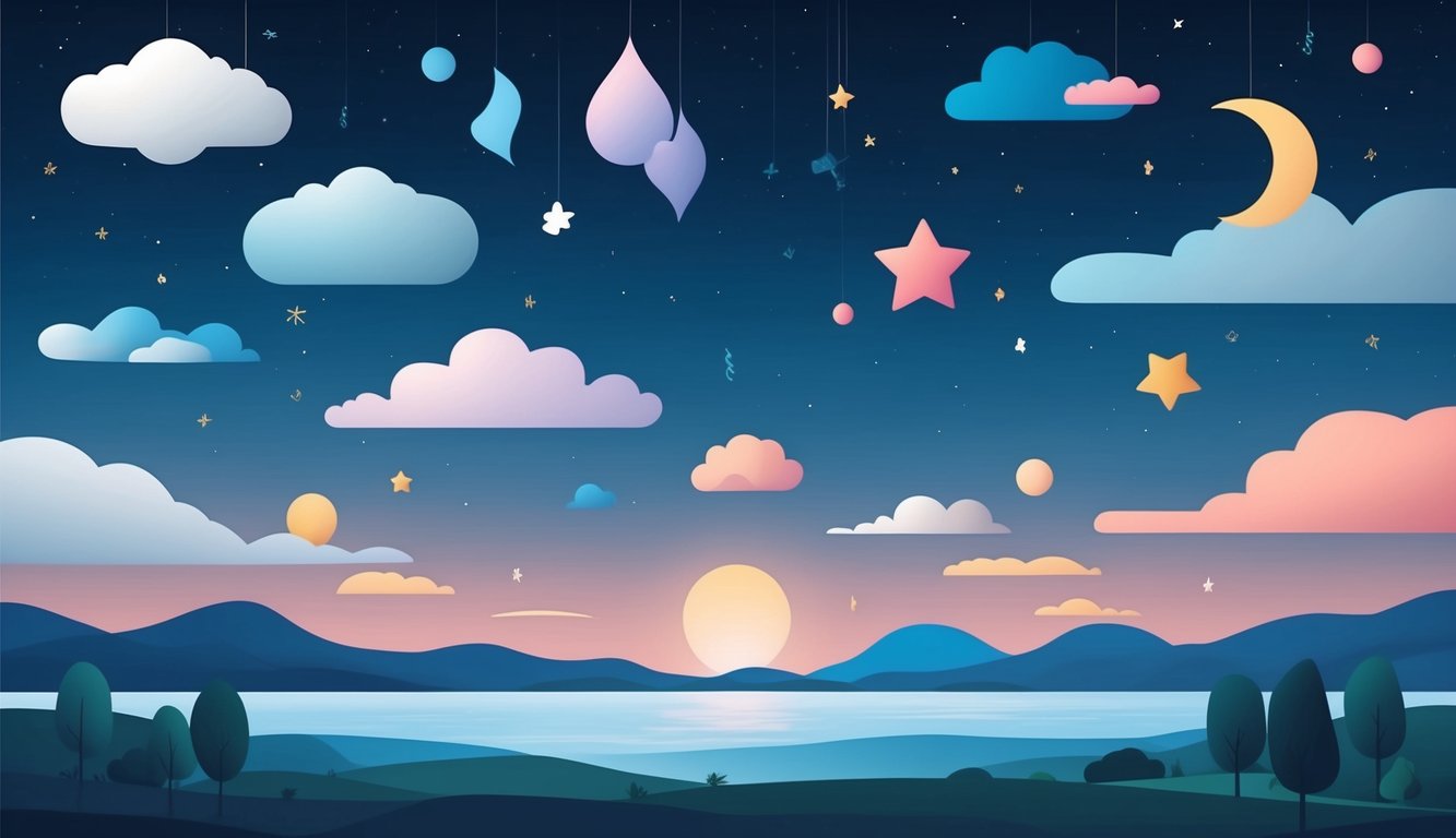 A serene nighttime landscape with a variety of dream symbols floating in the sky, such as clouds, stars, and abstract shapes