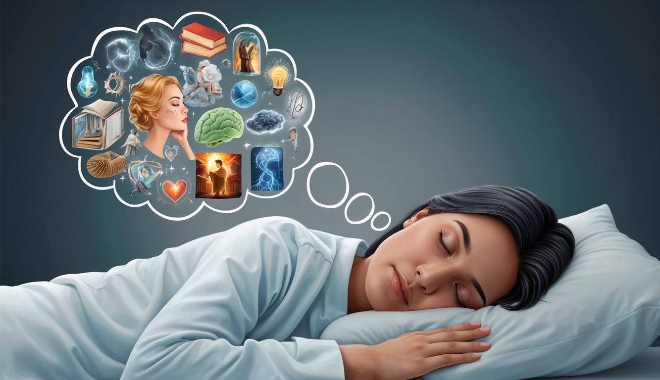 A person sleeping peacefully with a thought bubble above their head filled with various symbols and images representing their subconscious desires and fears