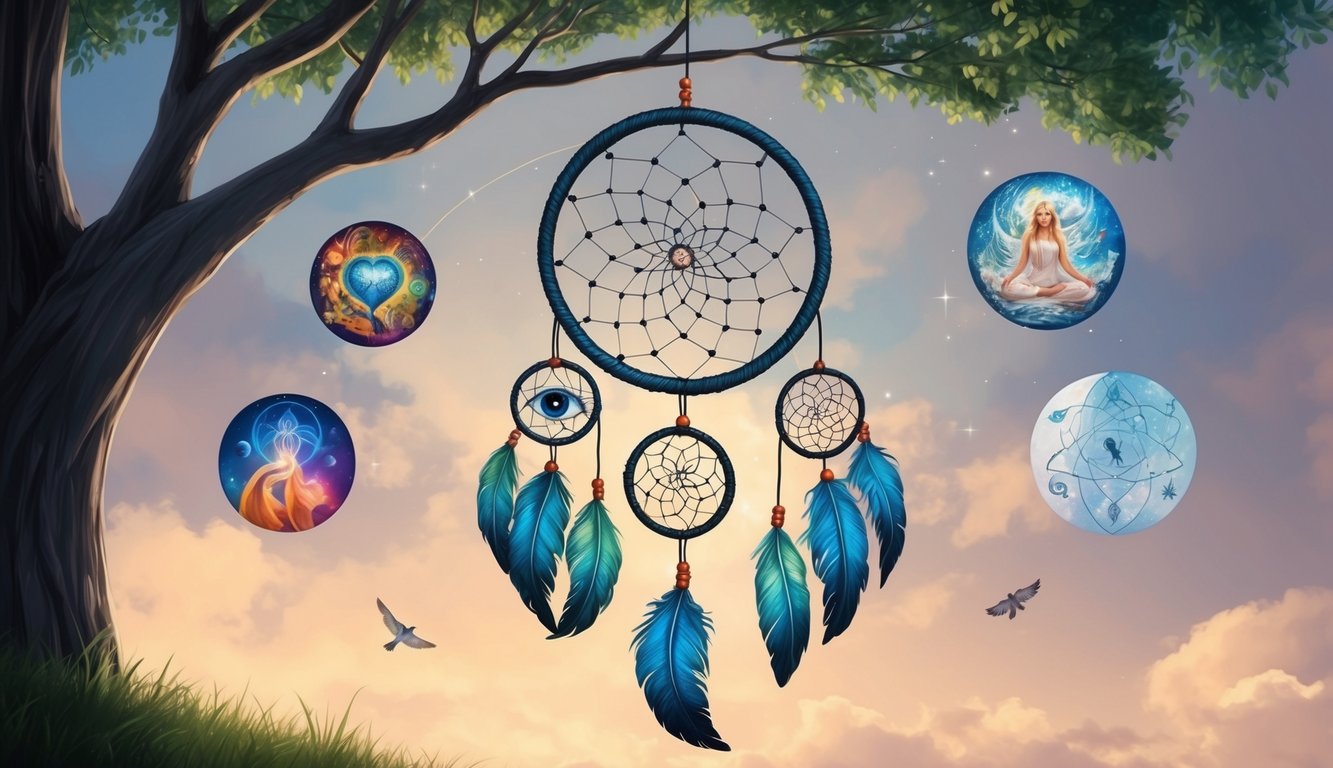 A dreamcatcher hanging from a tree, with various symbols and images representing the collective unconscious floating around it