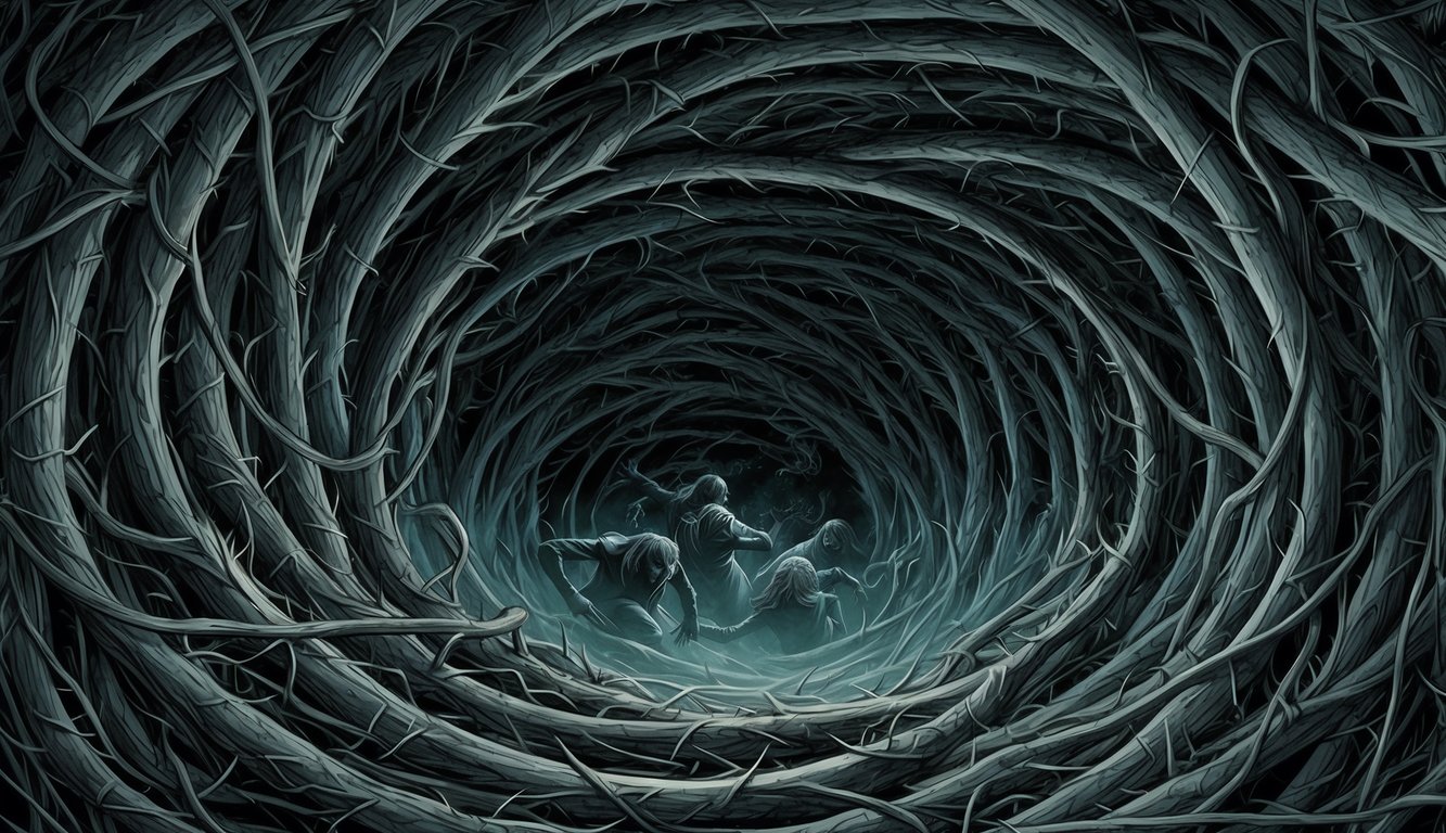 A dark, swirling vortex of tangled, thorny vines, with shadowy figures trapped within, struggling against the suffocating grip