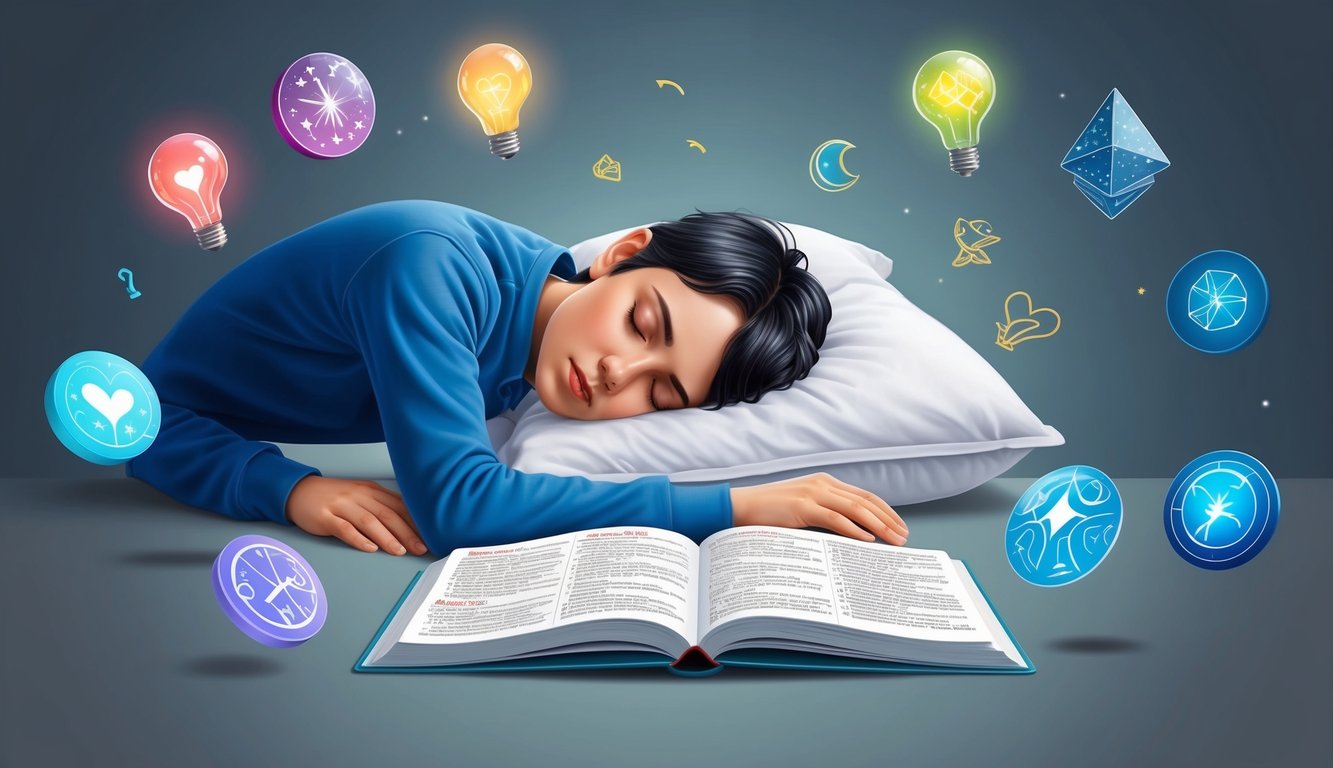 A person sleeping with a dream dictionary open beside them, surrounded by various dream symbols floating in the air