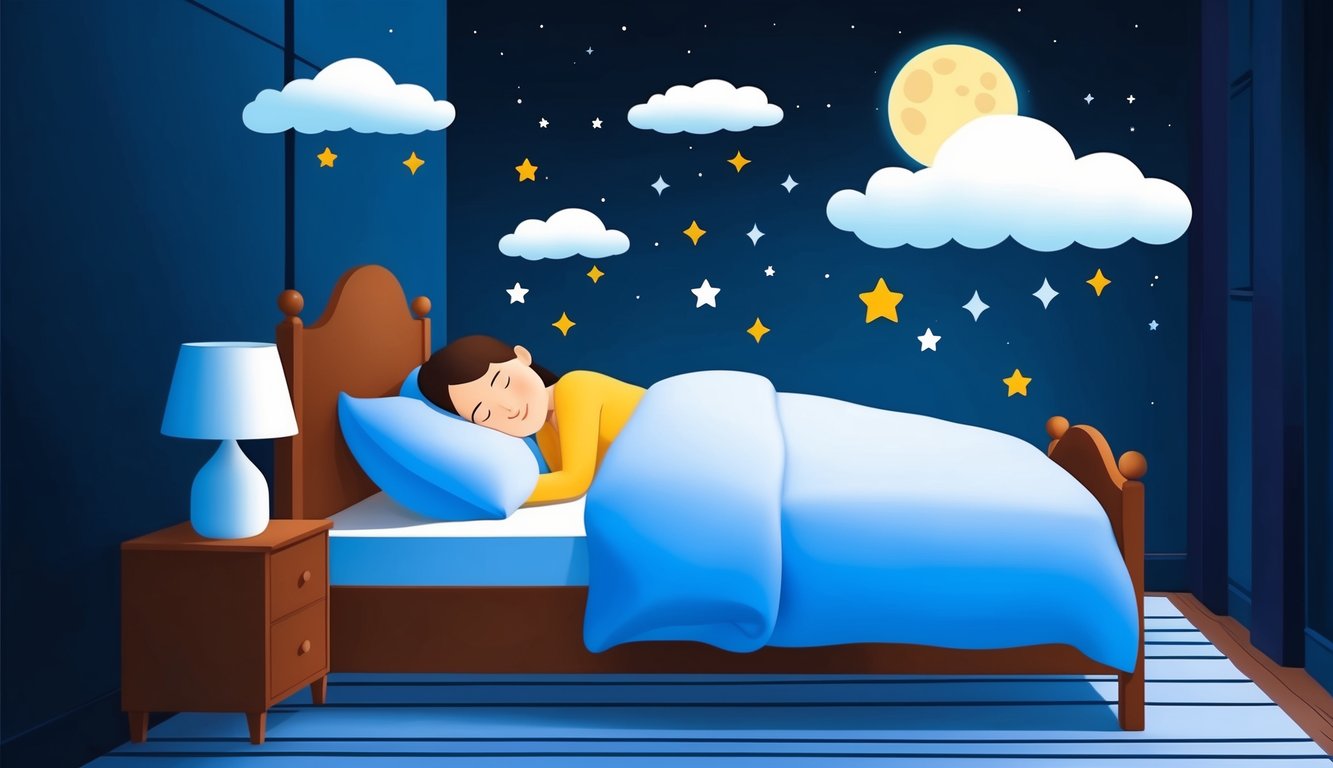 A serene bedroom at night with a person sleeping peacefully, surrounded by symbols of dreams such as clouds, stars, and a moon