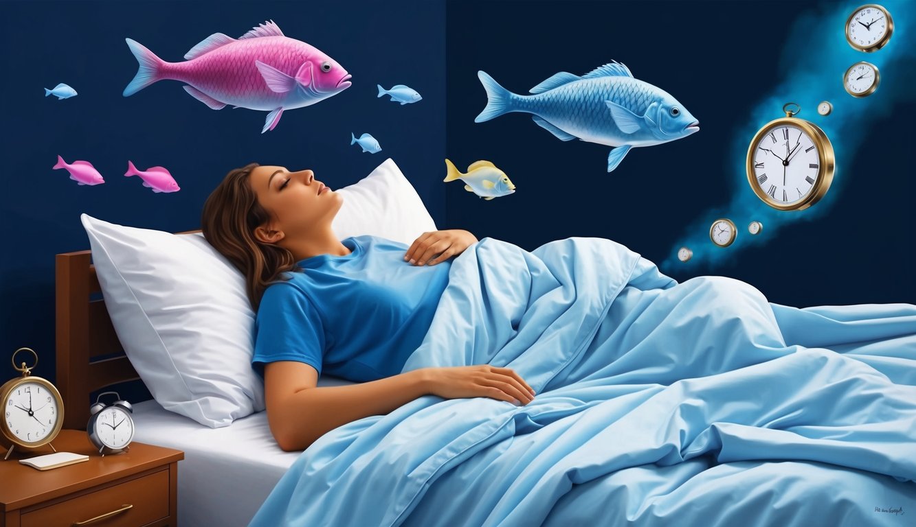 A person lying in bed, surrounded by surreal dream imagery like flying fish and floating clocks