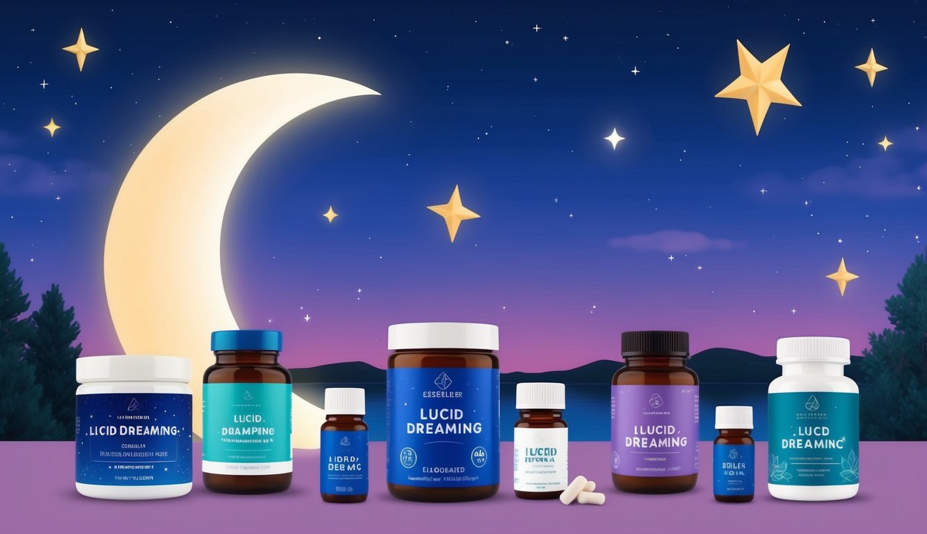 A serene night sky with a crescent moon and stars, surrounded by a collection of essential supplements for lucid dreaming