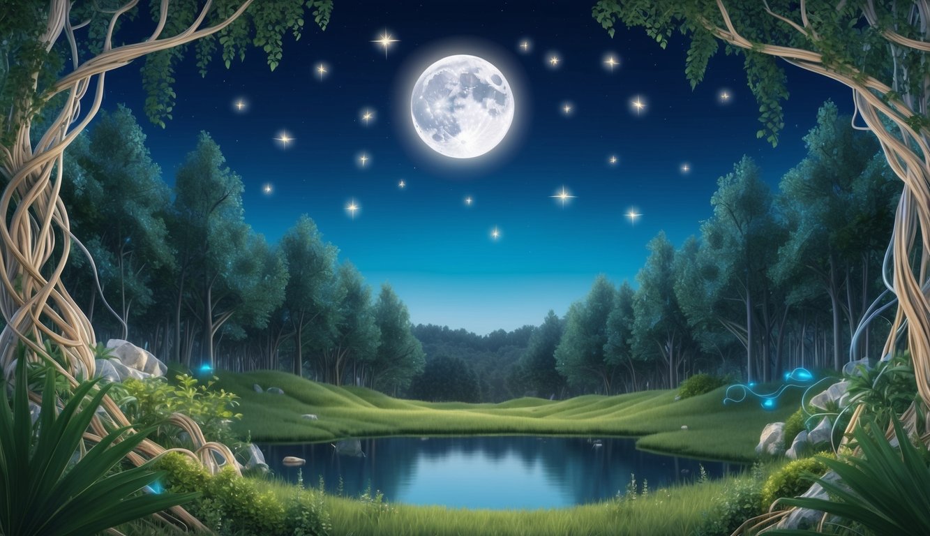 A serene night sky with a moon and stars shining brightly over a tranquil forest, with a blend of natural and synthetic elements intertwined in the landscape