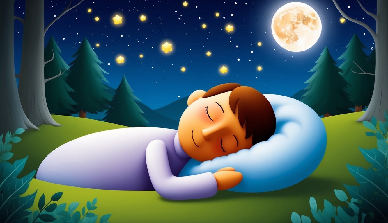 A serene night sky with a glowing moon and stars, surrounded by a tranquil forest and a sleeping figure with a peaceful expression