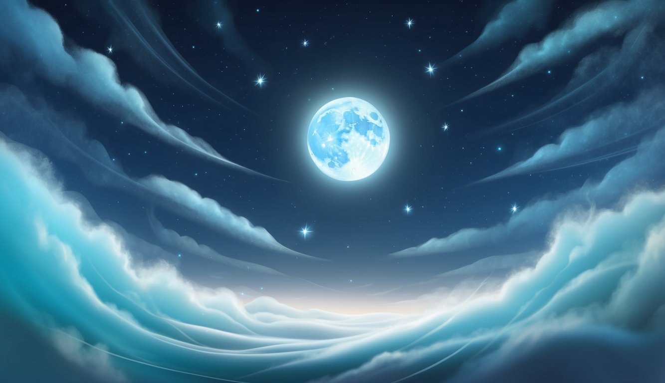 A serene night sky with a glowing moon and stars, surrounded by swirling, ethereal mist