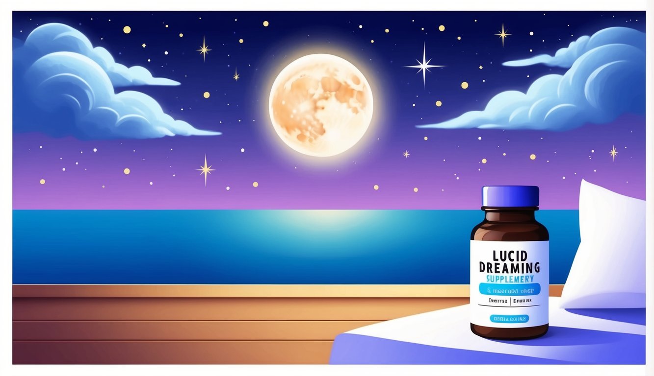 A serene night sky with a glowing moon, surrounded by stars and wispy clouds.</p><p>A bottle of lucid dreaming supplements sits on a bedside table