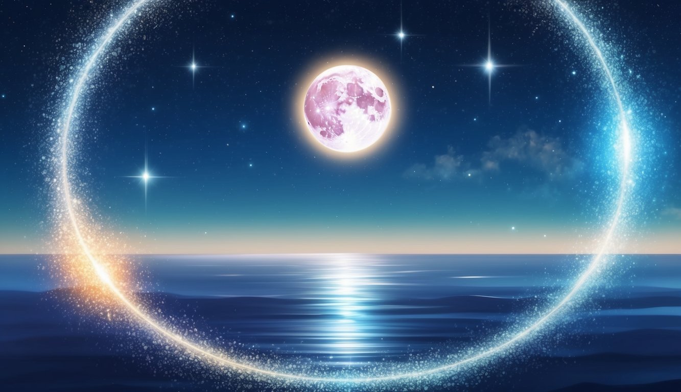 A serene night sky with a glowing moon and stars, surrounded by a protective barrier of shimmering energy