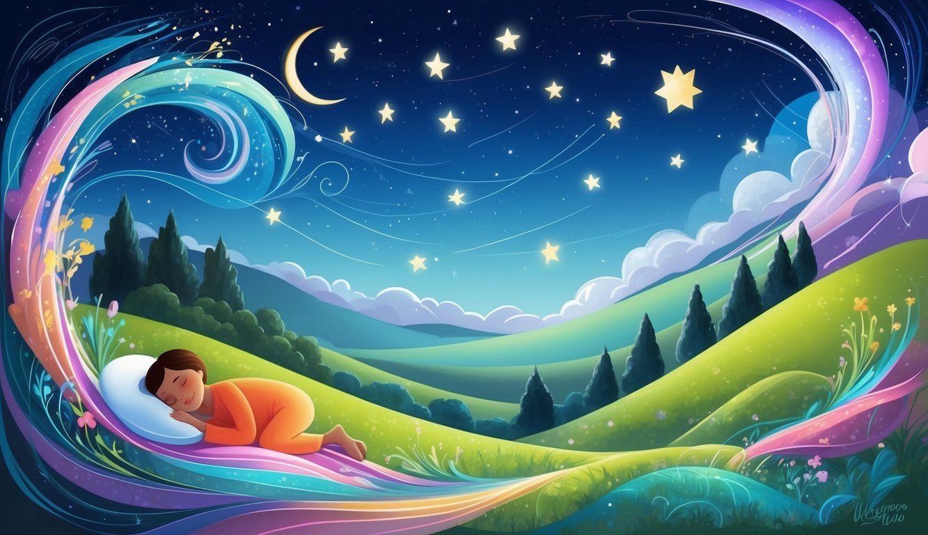 A peaceful landscape with a serene night sky, stars, and a sleeping figure surrounded by swirling colors and abstract dream imagery