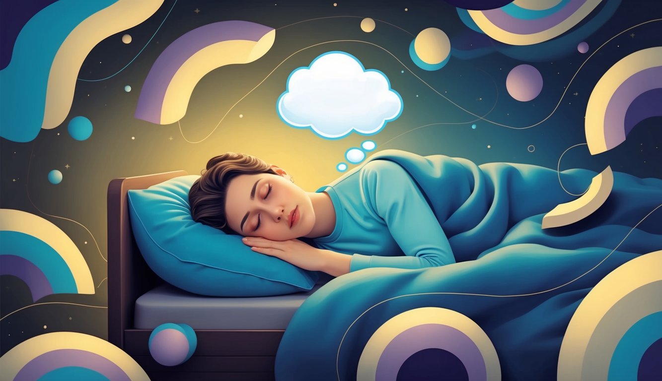 A person sleeping peacefully with a dream bubble above their head, surrounded by swirling, abstract shapes representing the psychological effects of REM sleep and dreaming