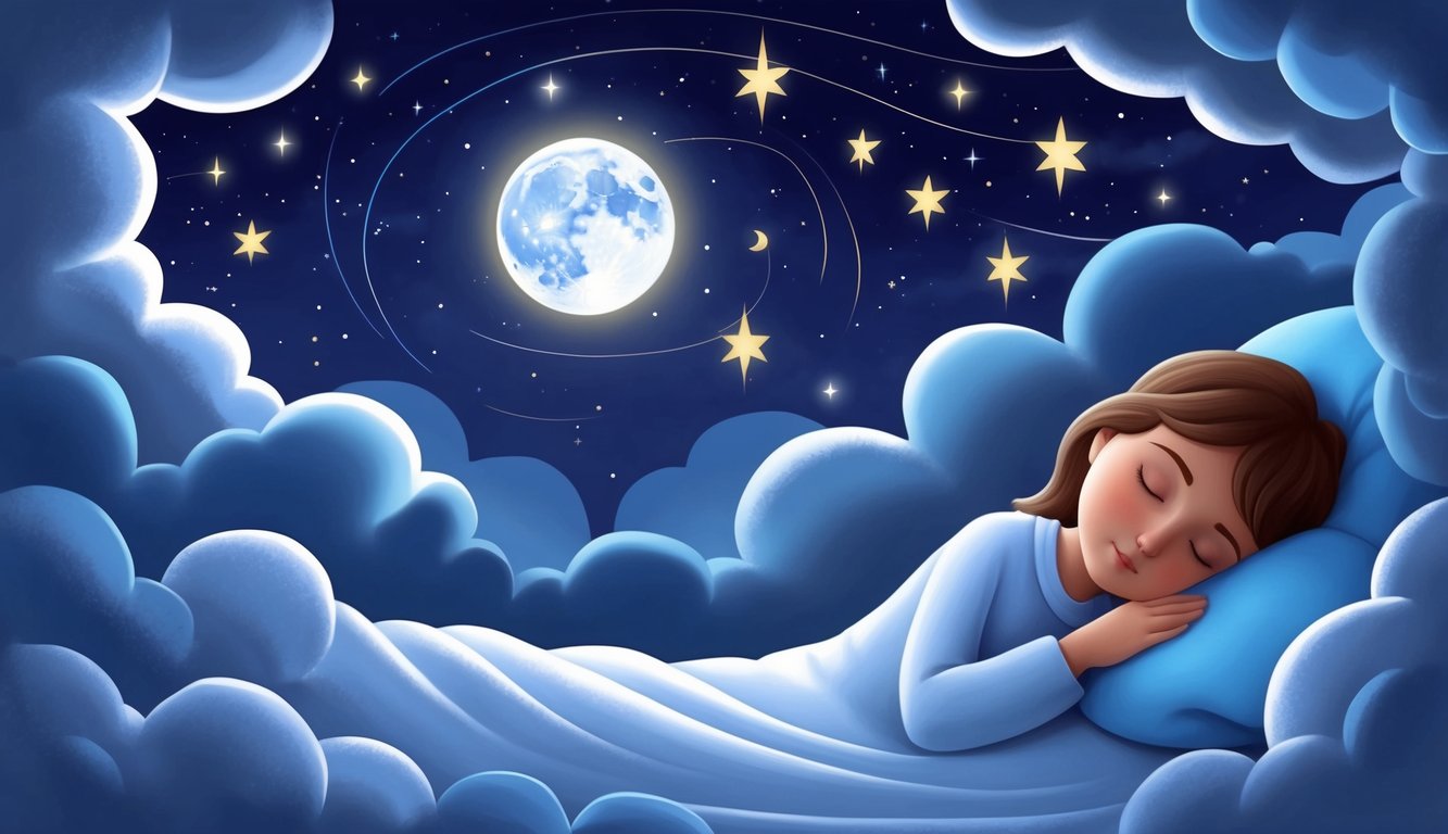 A peaceful night sky with stars and a glowing moon, surrounded by swirling clouds and a sleeping figure with a serene expression