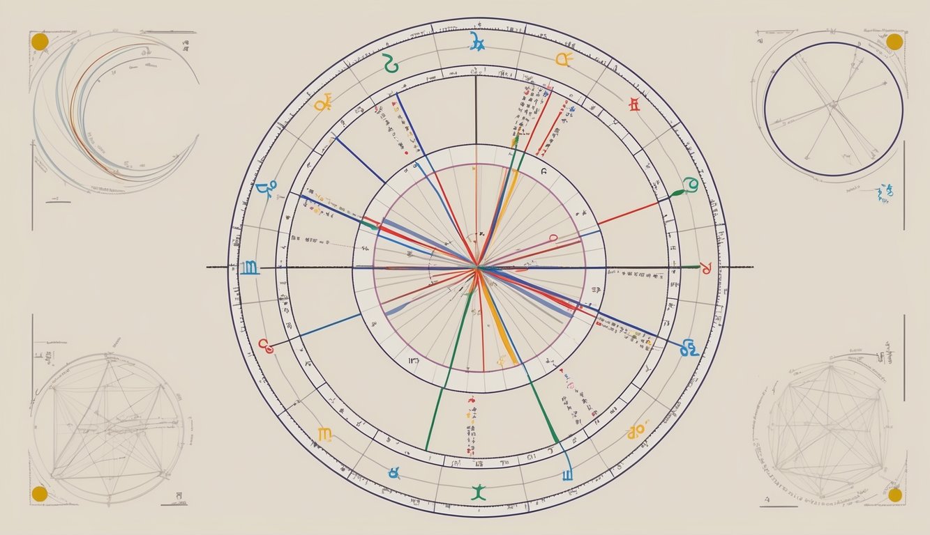 A celestial chart with intersecting lines and symbols representing astrological aspects