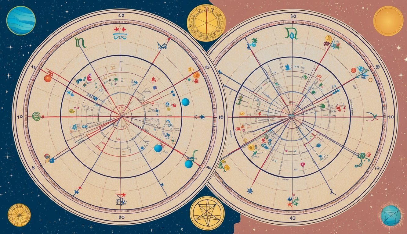 Two celestial charts overlapping, lines connecting planets, and symbols representing different astrological aspects